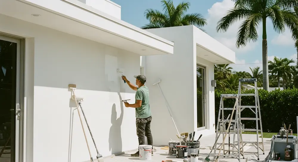 Close-up of exterior trim painting and detailing work by professional painters in Hollywood FL