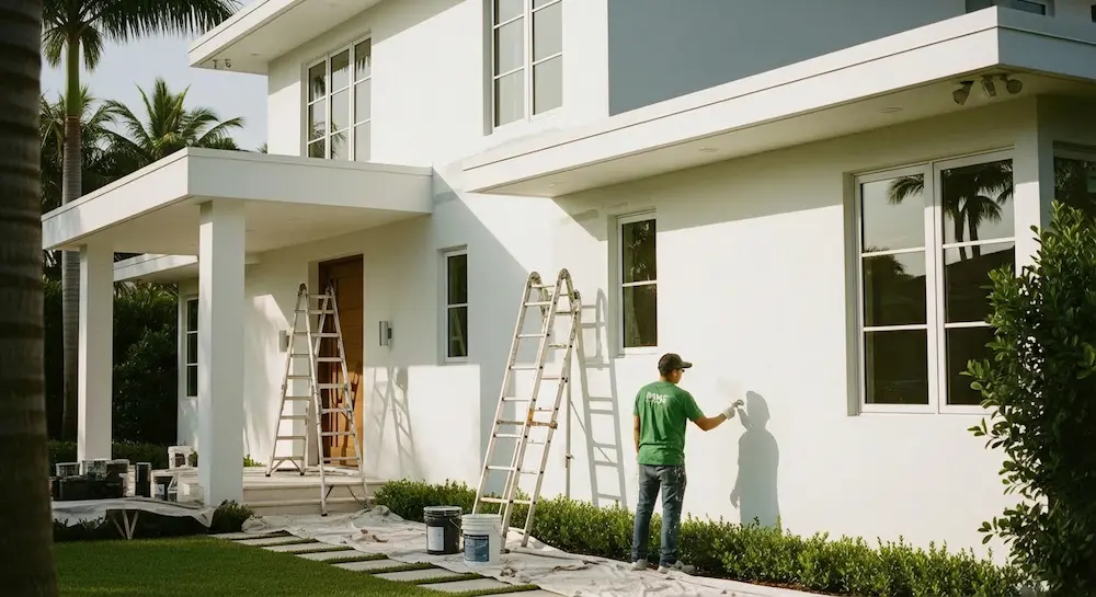 Exterior painting contractor painting home siding for weather protection in Hollywood FL