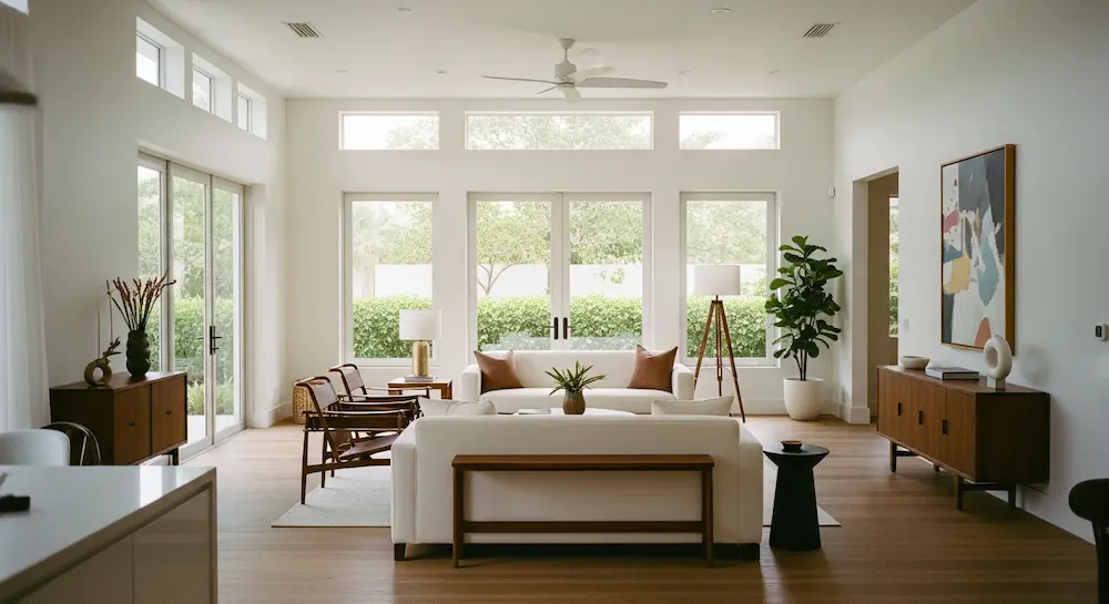 Living area and dining space remodeled with modern open floor plan in Hollywood Florida home