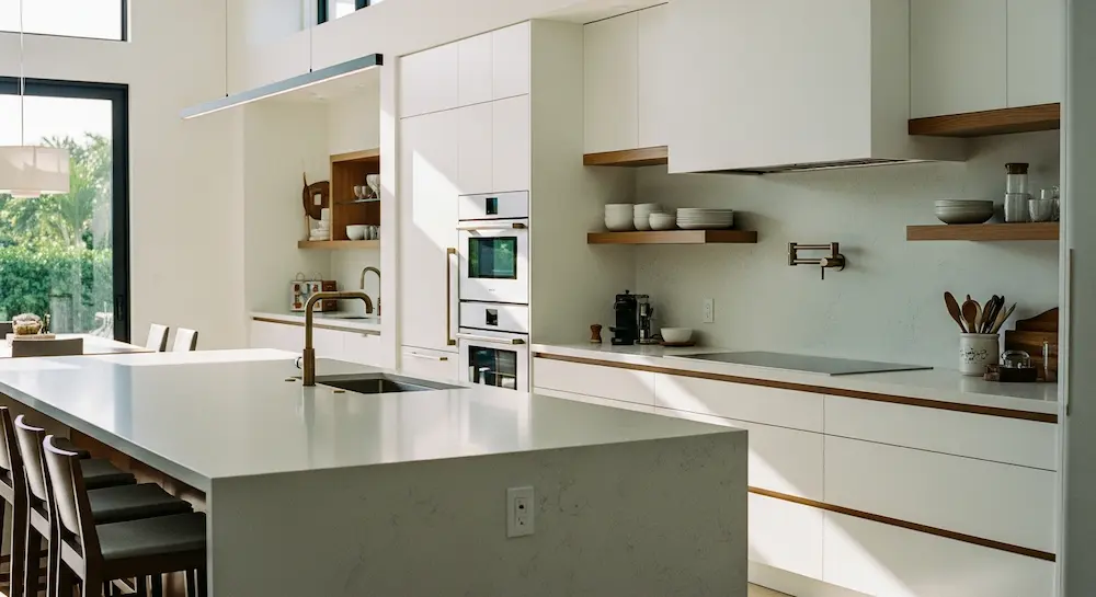 Completed modern kitchen remodel with custom cabinets and countertops in Hollywood Florida