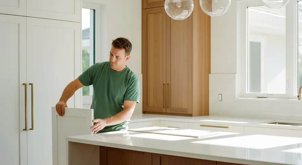 Professional contractor making final adjustments during kitchen remodeling project in Hollywood FL