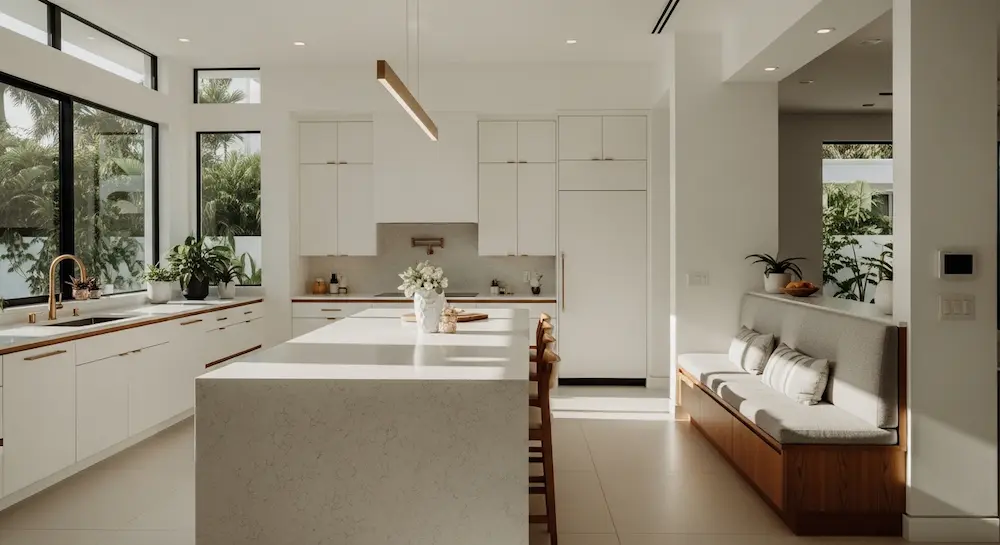 Remodeled kitchen with quartz countertops and stylish backsplash in Hollywood Florida