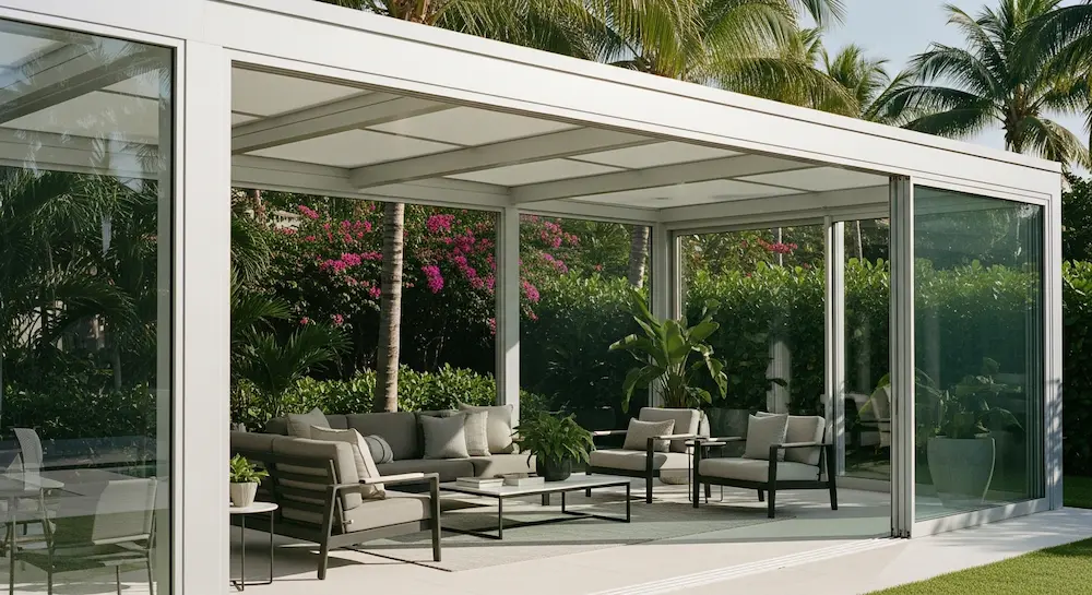 Interior view of a patio enclosure showing comfortable outdoor-living setup in Hollywood FL